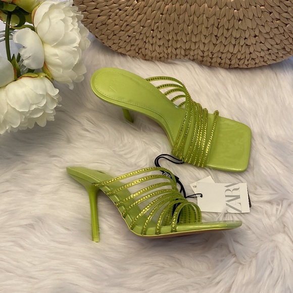 Zara Vinyl Lime Green Rhinestone Squared Toe High Heels Sandals Shoes - Picture 11 of 14